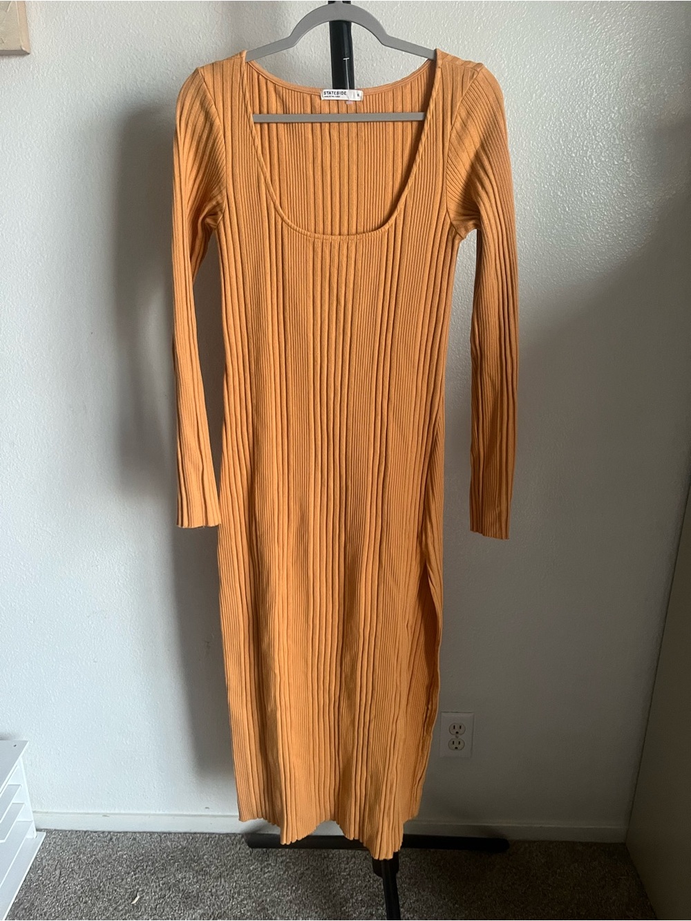 Stateside Ribbed Long Sleeve Scoop Dress in Mustard